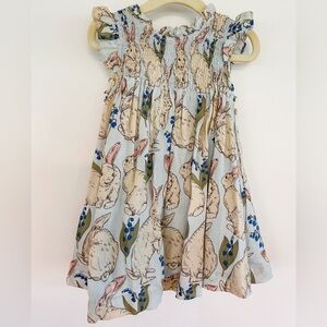 bunny print Stevie Dress Set. Smocking and ruffled trim. matching diaper cover